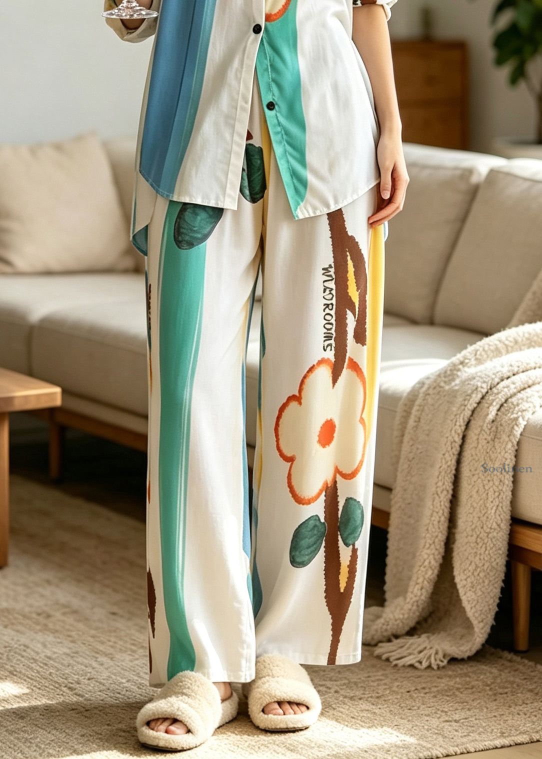 Casual Rainbow Print Button Pajamas Two Piece Set Long Sleeve