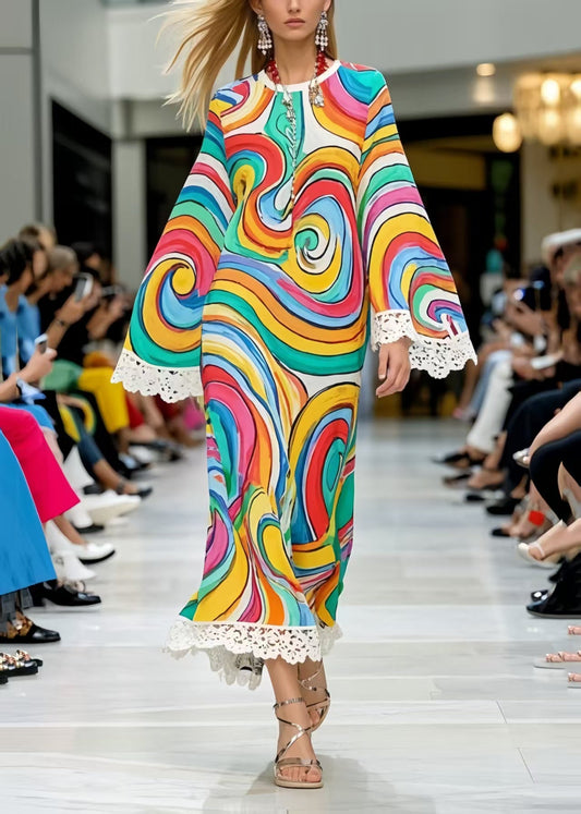 Casual Rainbow Print Patchwork Lace Chiffon Dress Summer