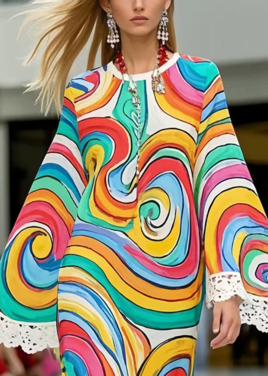 Casual Rainbow Print Patchwork Lace Chiffon Dress Summer