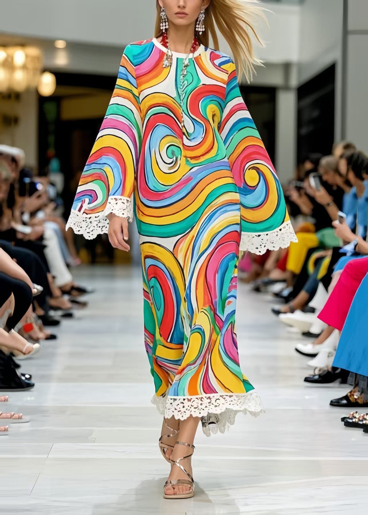 Casual Rainbow Print Patchwork Lace Chiffon Dress Summer