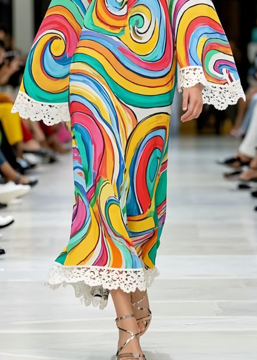 Casual Rainbow Print Patchwork Lace Chiffon Dress Summer