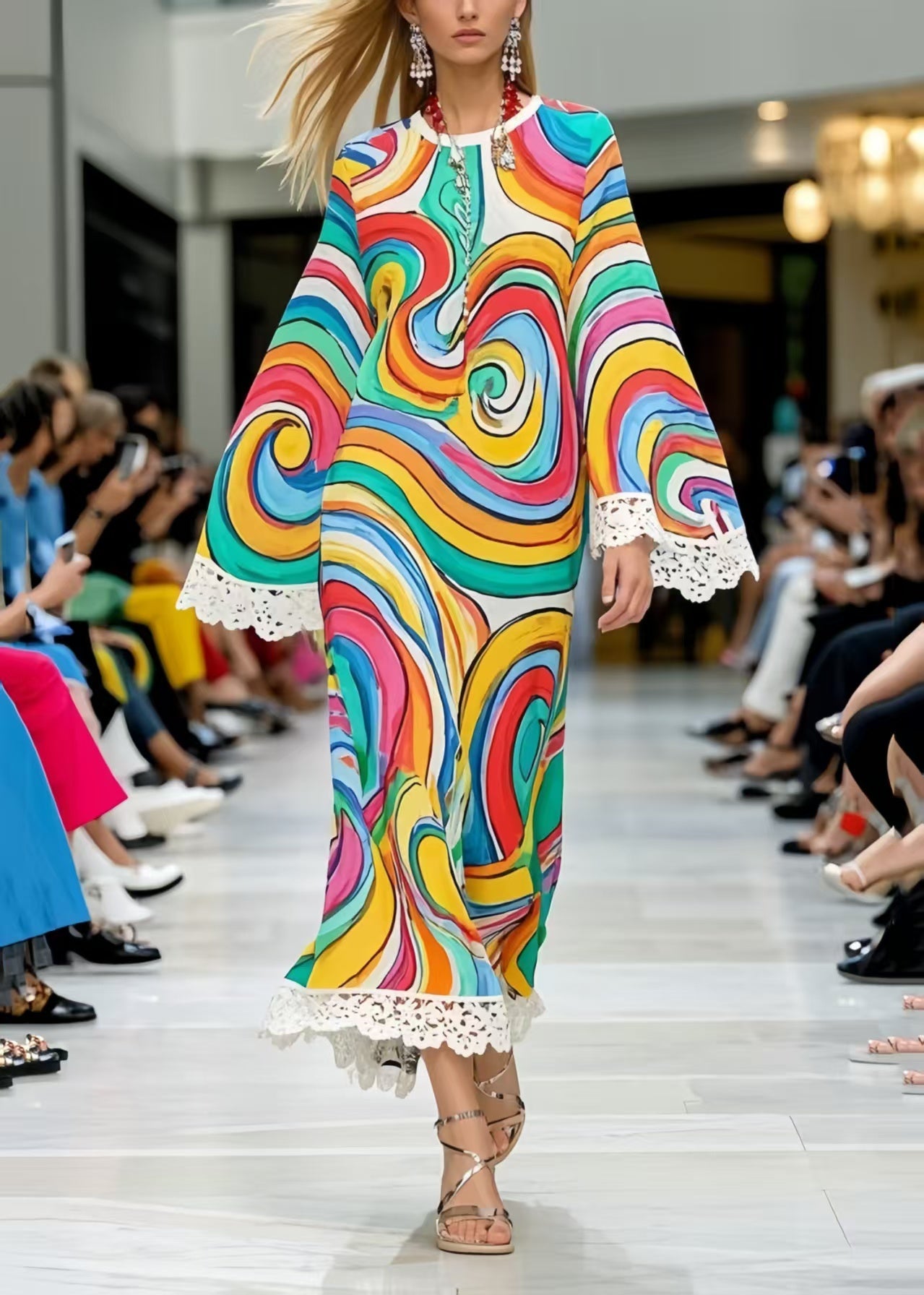 Casual Rainbow Print Patchwork Lace Chiffon Dress Summer