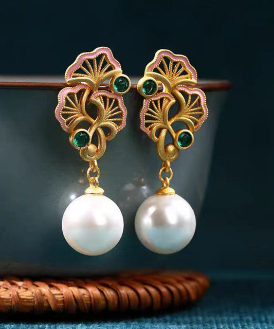 Pendientes colgantes florales ahuecados con calcedonia, perla dorada y plata de ley arcoíris informal