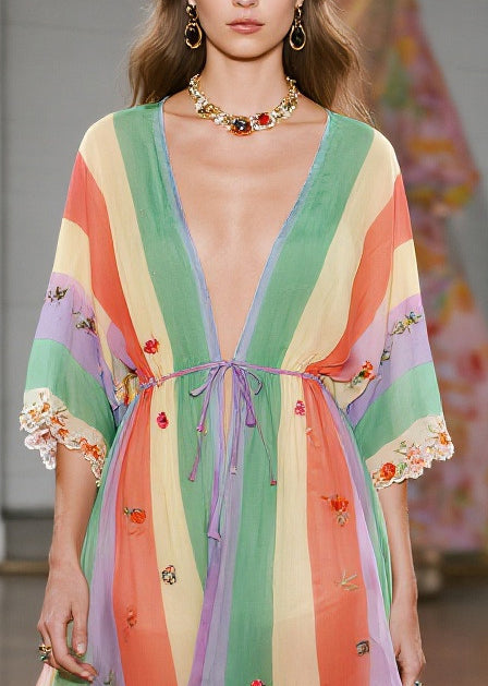 Casual Rainbow Striped Exra Large Hem Chiffon Cardigan Summer