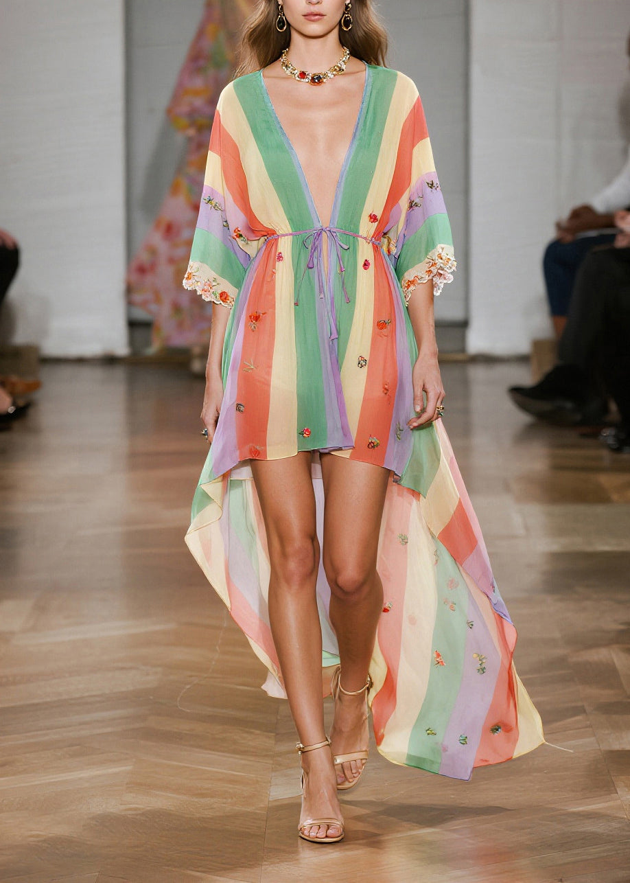 Casual Rainbow Striped Exra Large Hem Chiffon Cardigan Summer