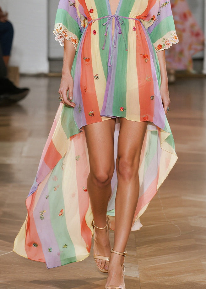 Casual Rainbow Striped Exra Large Hem Chiffon Cardigan Summer