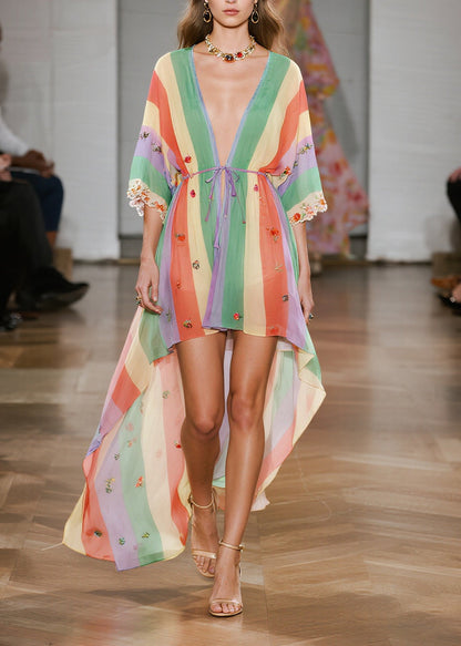 Casual Rainbow Striped Exra Large Hem Chiffon Cardigan Summer