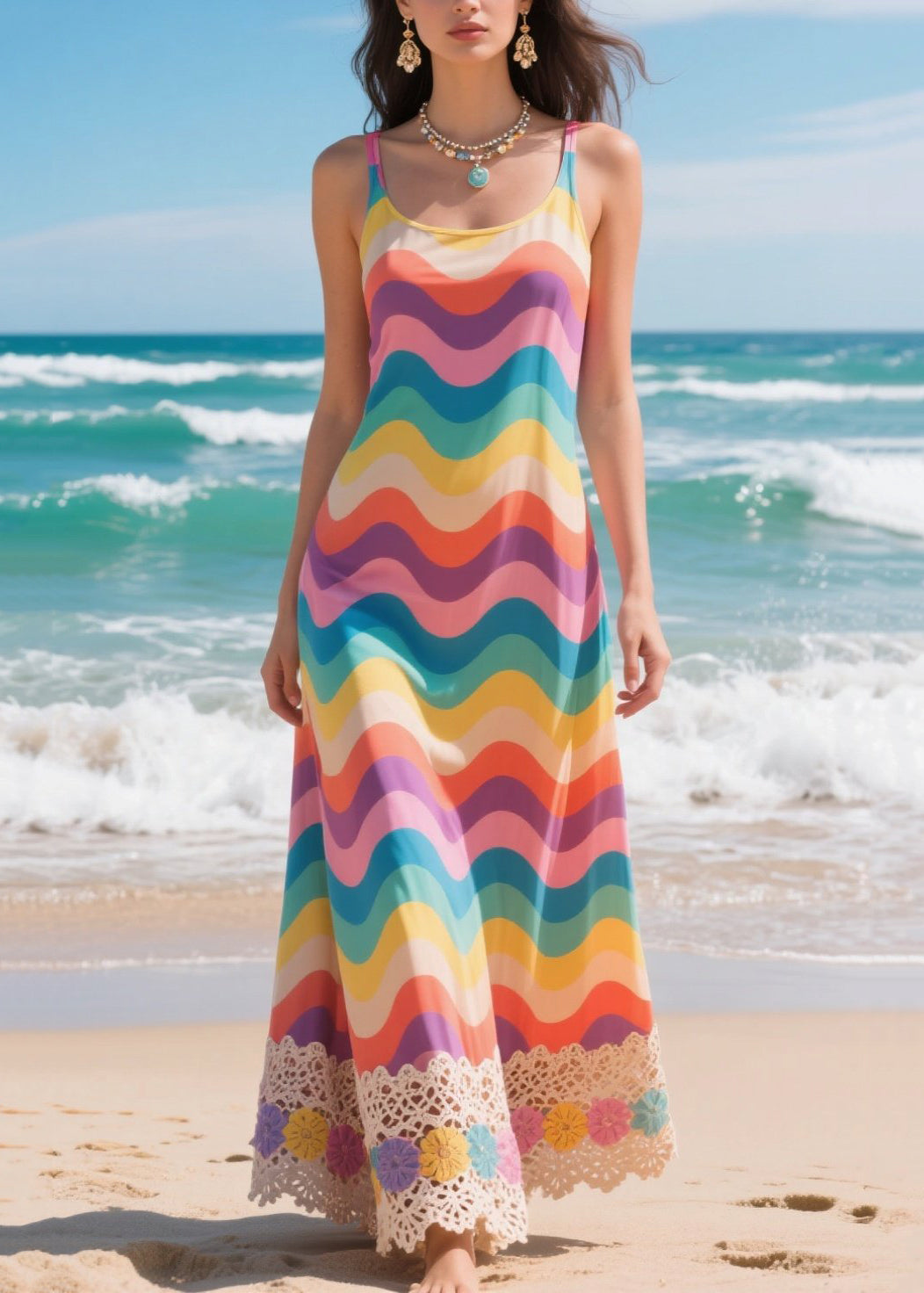 Casual Rainbow Striped Patchwork Lace Chiffon Cami Dresses Summer