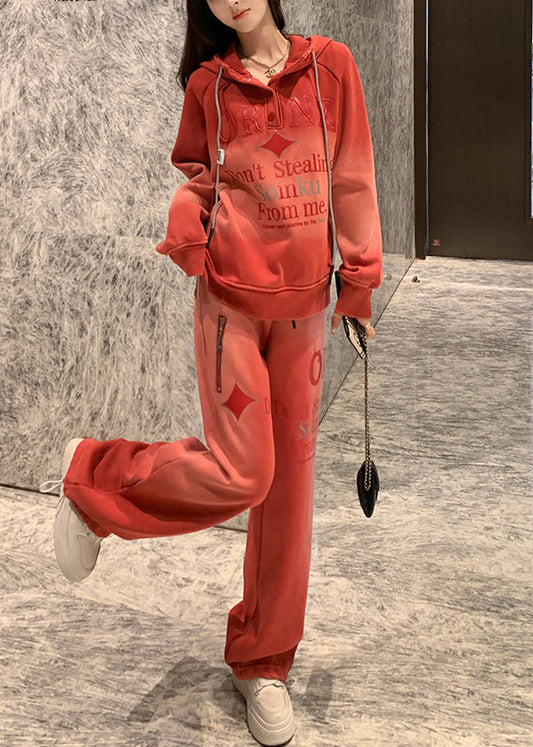 Conjunto informal de dos piezas de forro polar cálido con capucha y letras en color degradado rojo para invierno