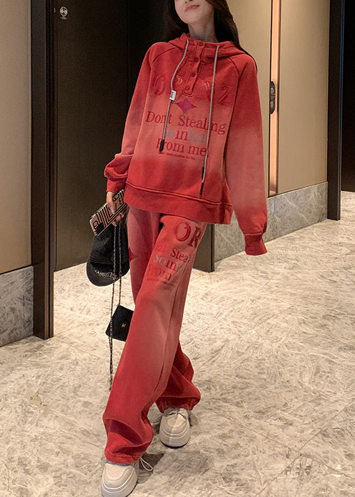 Conjunto informal de dos piezas de forro polar cálido con capucha y letras en color degradado rojo para invierno
