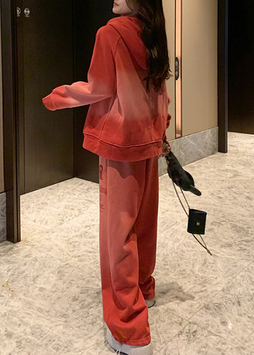 Conjunto informal de dos piezas de forro polar cálido con capucha y letras en color degradado rojo para invierno