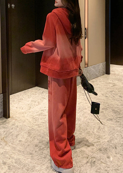 Conjunto informal de dos piezas de forro polar cálido con capucha y letras en color degradado rojo para invierno