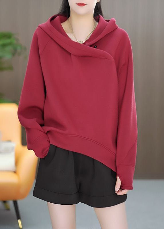 Lässiger roter asymmetrischer Pullover aus massiver Baumwolle mit Kapuze für den Winter