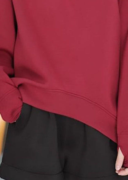 Lässiger roter asymmetrischer Pullover aus massiver Baumwolle mit Kapuze für den Winter