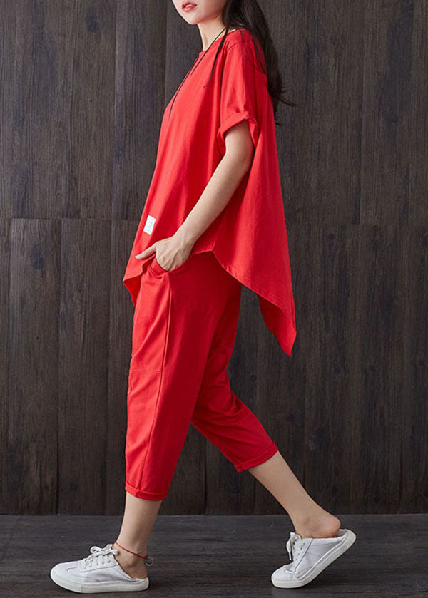 Conjunto informal de dos piezas de algodón con diseño asimétrico y cuello redondo en color rojo para verano