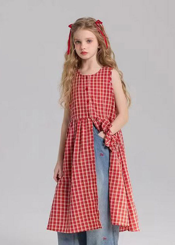 Casual Red O-Neck Patchwork Side Open Girls Long Dresses Sleeveless