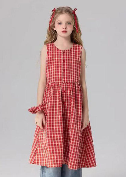 Casual Red O-Neck Patchwork Side Open Girls Long Dresses Sleeveless