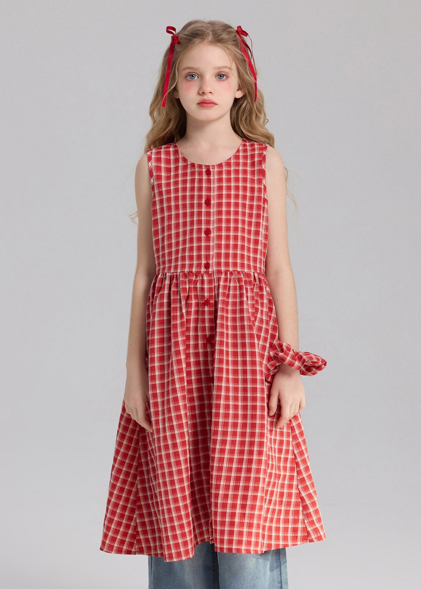 Casual Red O-Neck Patchwork Side Open Girls Long Dresses Sleeveless
