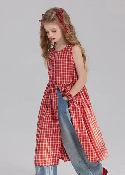Casual Red O-Neck Patchwork Side Open Girls Long Dresses Sleeveless