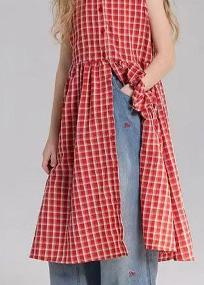 Casual Red O-Neck Patchwork Side Open Girls Long Dresses Sleeveless