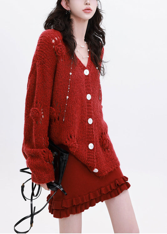 Casual Red Oversized Floral Decorated Knit Cardigan Winter
