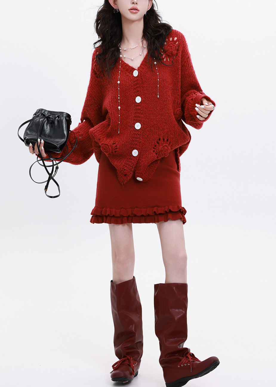 Lässiger roter Oversize-Strickcardigan mit Blumenmuster für den Winter