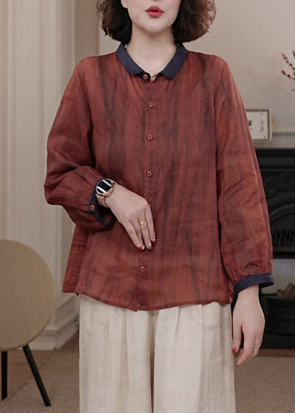 Casual Red Peter Pan Collar Patchwork Button Shirts Fall