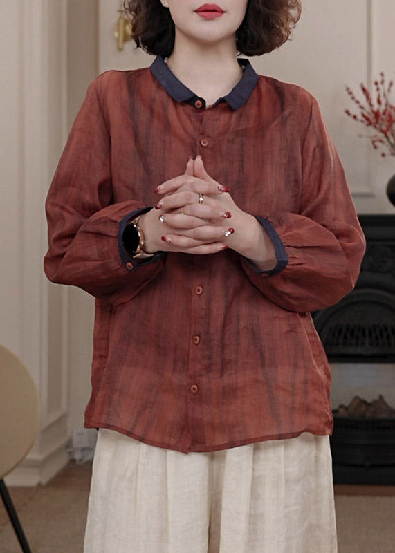 Casual Red Peter Pan Collar Patchwork Button Shirts Fall