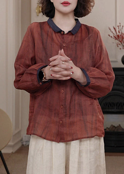 Casual Red Peter Pan Collar Patchwork Button Shirts Fall