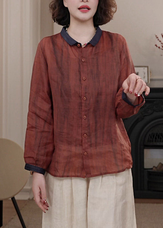 Casual Red Peter Pan Collar Patchwork Button Shirts Fall