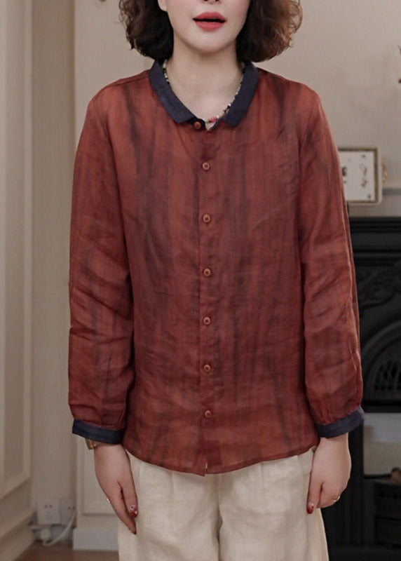 Casual Red Peter Pan Collar Patchwork Button Shirts Fall