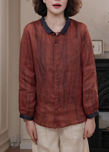 Casual Red Peter Pan Collar Patchwork Button Shirts Fall