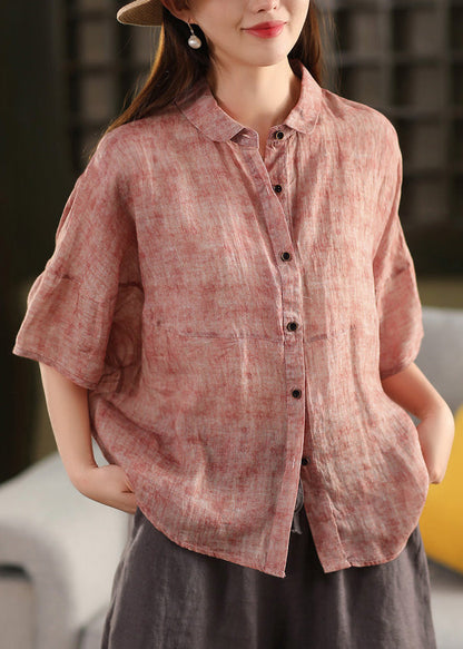 Casual Red Peter Pan Collar Patchwork Linen Blouses Summer