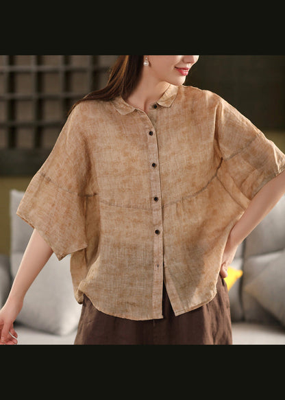 Casual Red Peter Pan Collar Patchwork Linen Blouses Summer