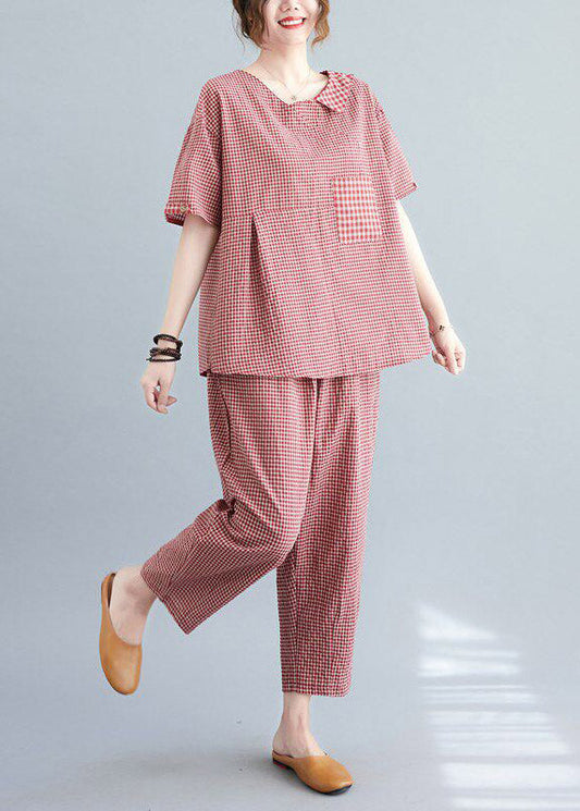 Casual Red Plaid Asymmetrical Pockets Top And Crop Pants Two Pieces Set Summer