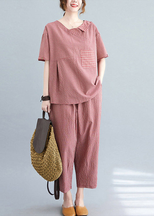 Casual Red Plaid Asymmetrical Pockets Top And Crop Pants Two Pieces Set Summer