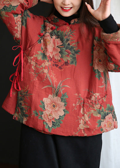 Lässiger roter Stehkragen Druckknopf Warm Fleece Baumwolle Parka Winter