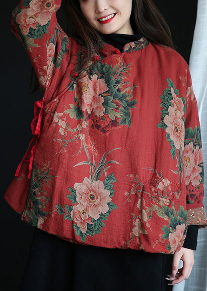 Lässiger roter Stehkragen Druckknopf Warm Fleece Baumwolle Parka Winter