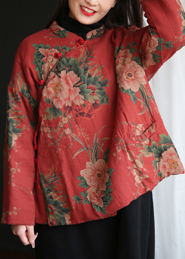 Lässiger roter Stehkragen Druckknopf Warm Fleece Baumwolle Parka Winter