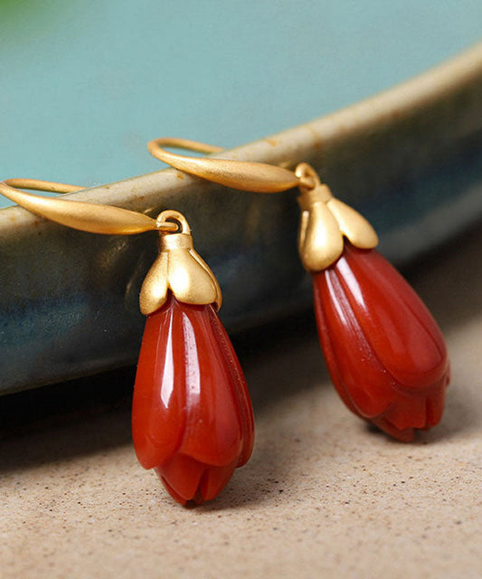 Pendientes colgantes casuales de orquídea con ágata incrustada en plata de ley roja dorada