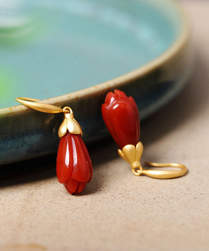 Pendientes colgantes casuales de orquídea con ágata incrustada en plata de ley roja dorada