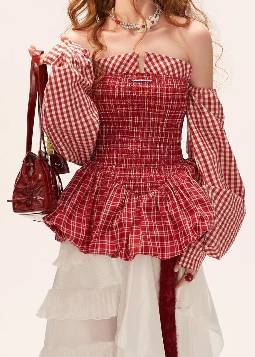Casual Red Strapless Plaid Cotton Shirt Tops Long Sleeve