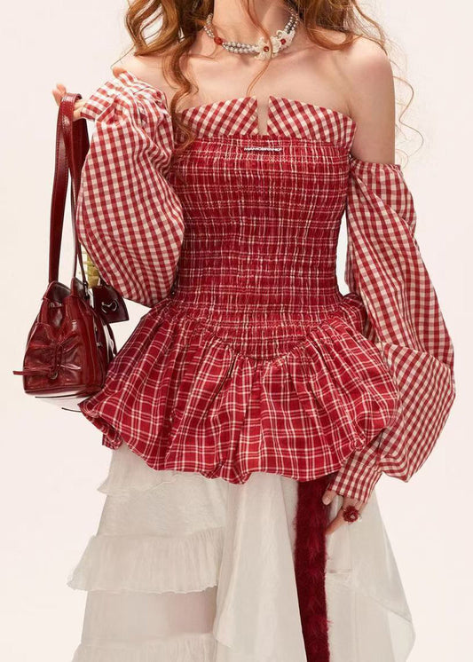 Casual Red Strapless Plaid Cotton Shirt Tops Long Sleeve