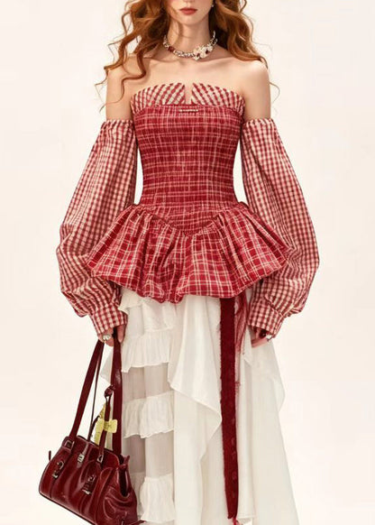 Casual Red Strapless Plaid Cotton Shirt Tops Long Sleeve