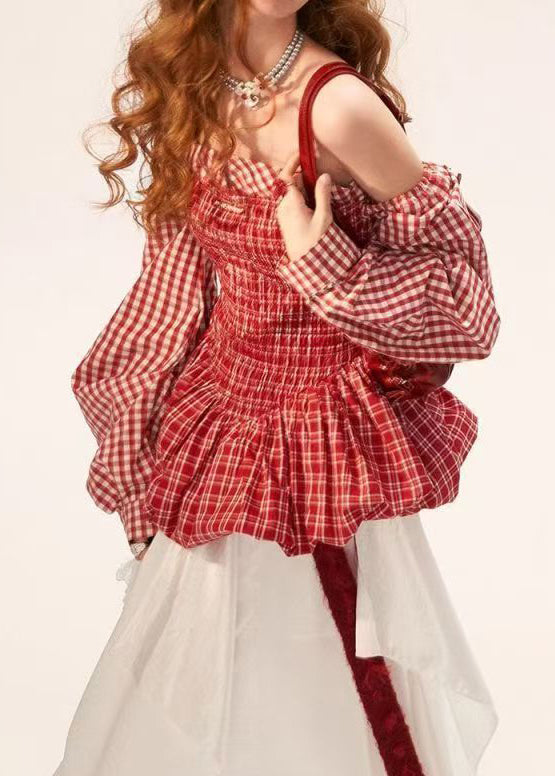 Casual Red Strapless Plaid Cotton Shirt Tops Long Sleeve