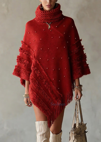 Casual Red Turtleneck Tassel Patchwork Cotton Knit Sweaters Tops Batwing Sleeve