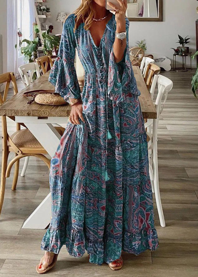Casual Red V Neck Print Long Dress Flare Sleeve
