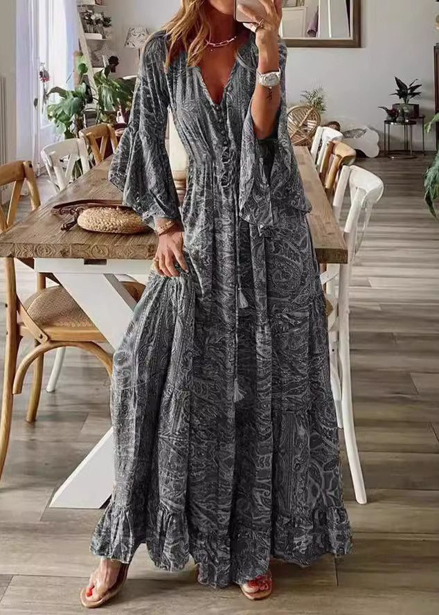 Casual Red V Neck Print Long Dress Flare Sleeve