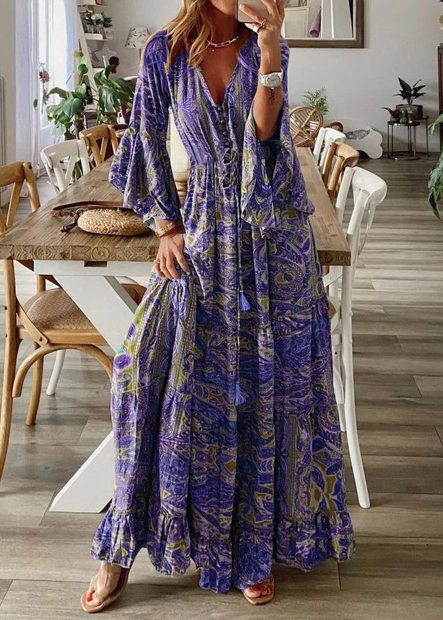 Casual Red V Neck Print Long Dress Flare Sleeve
