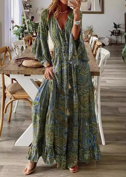 Casual Red V Neck Print Long Dress Flare Sleeve